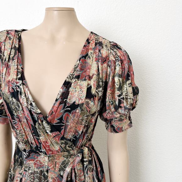 [Hemant & Nandita] Sion Maxi Wrap Dress Metallic Gold Puff Sleeves V-Neck Sz XS - Picture 11 of 14